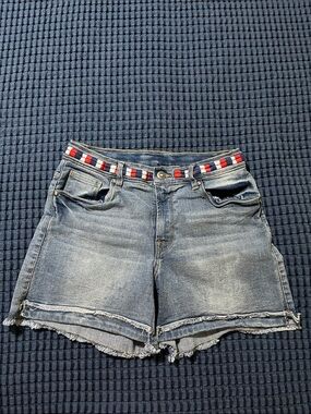 VENUS Blue Denim Cutoff Shorts with Red-White-Blue Waist Accent